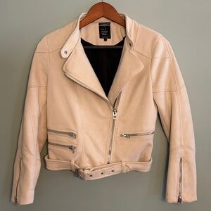 Zara Size Medium Cream Faux Suede Moto Biker Jacket